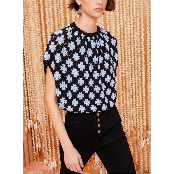 Ulla Johnson Floral Cotton Crochet Short-Sleeve Bess Top - Picture 1 of 8